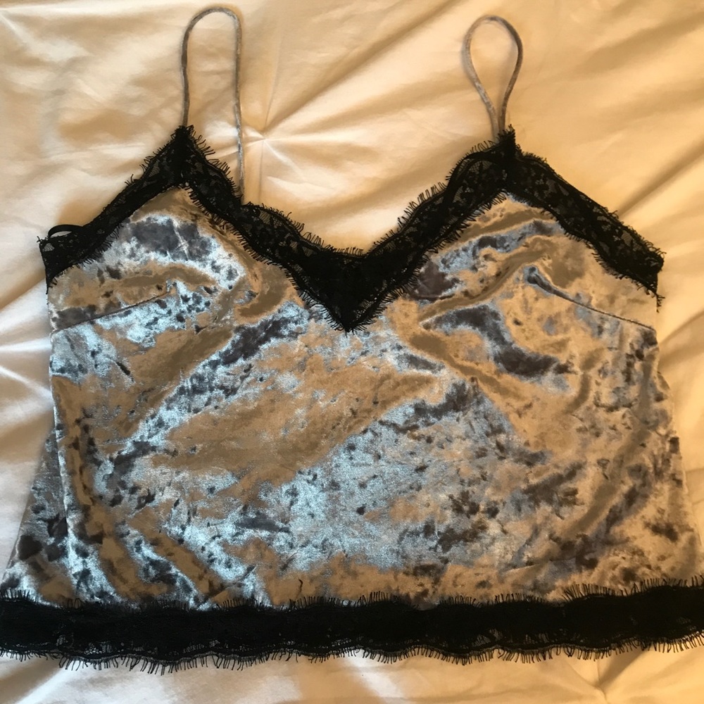 Silver velvet and black lace crop tank